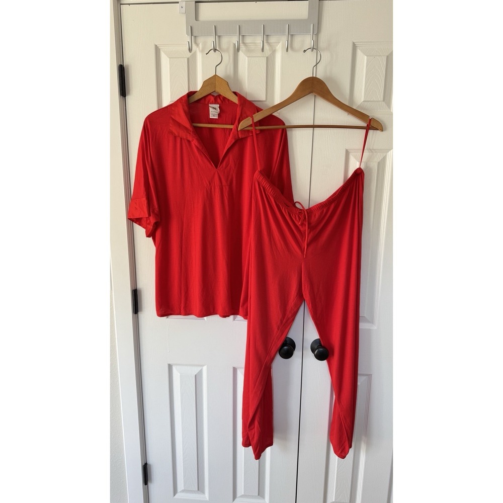 Natori by Josie Red Pajama Set Sz XL V-Neck Short Sleeve Satin Trim Holiday